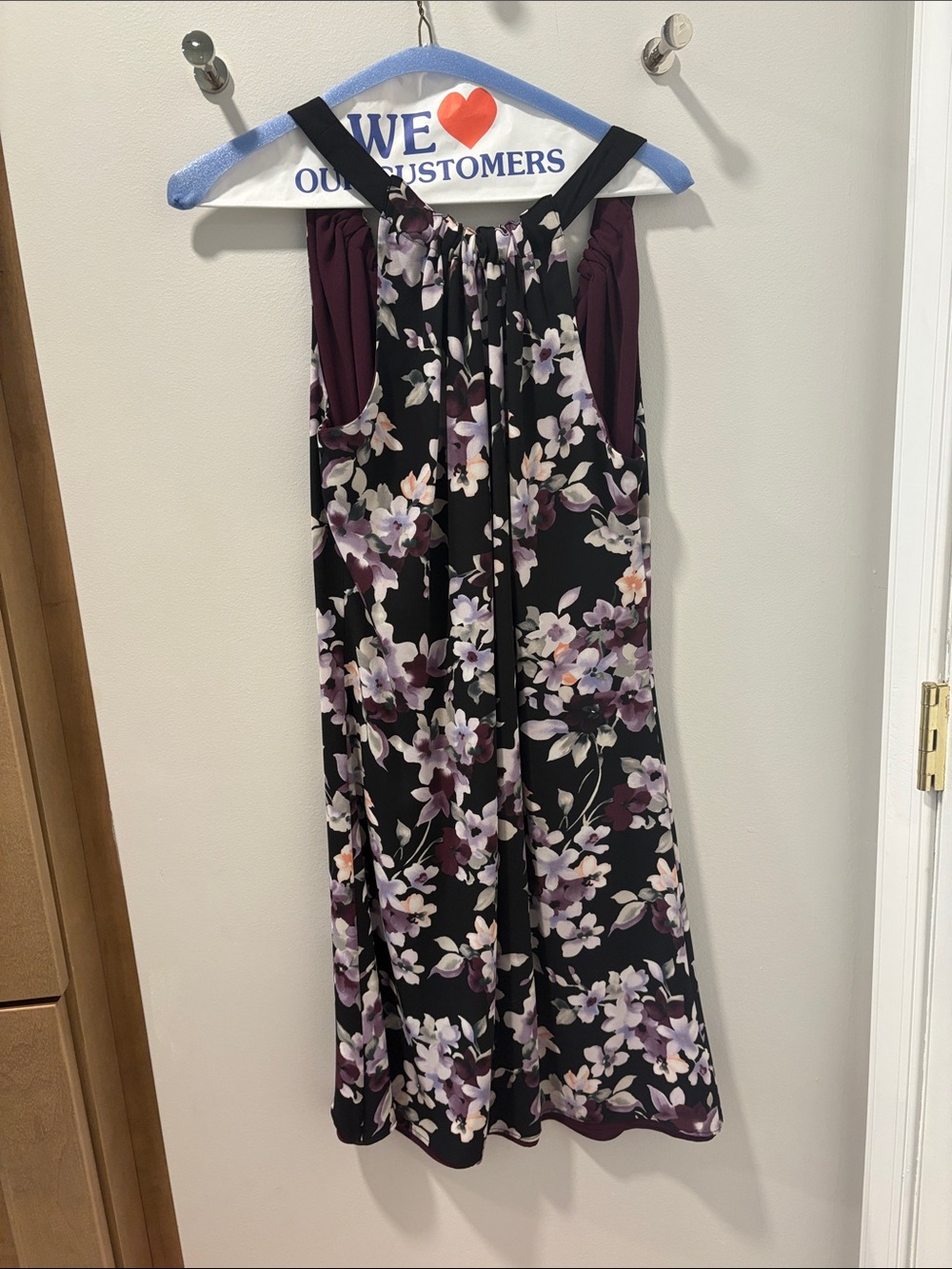 Women's Black Floral Halter dress with Plum Accents